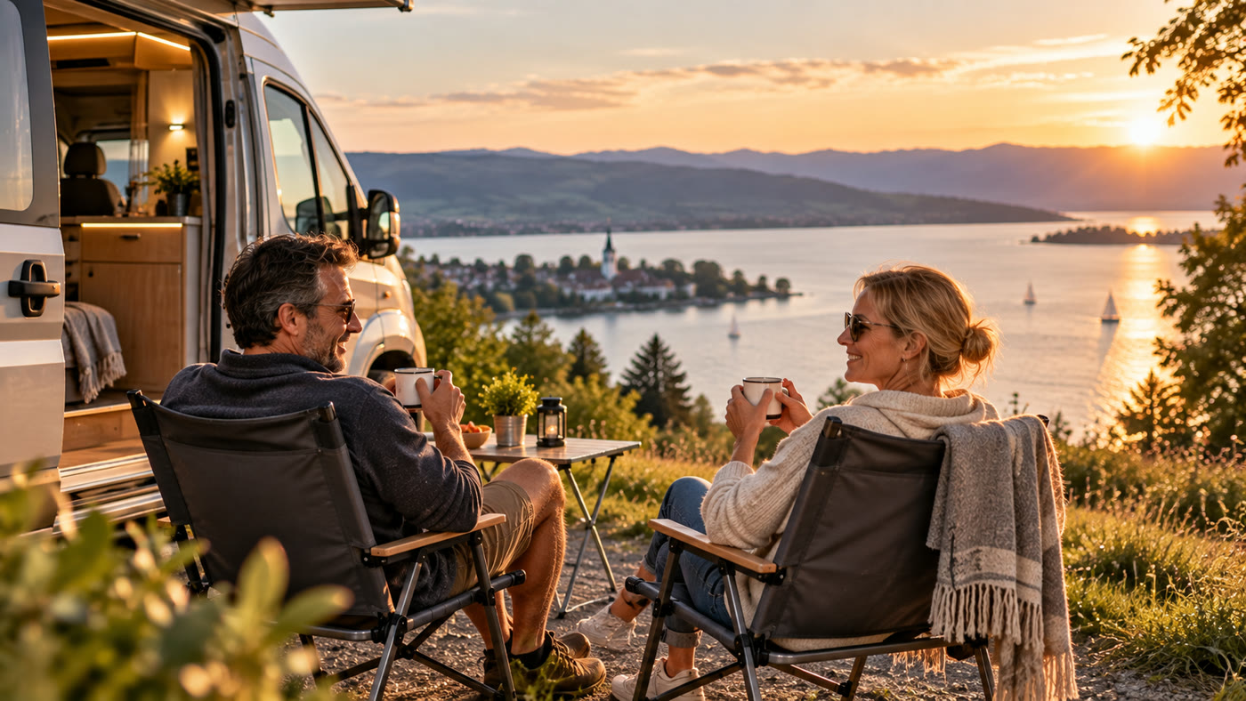 Paar am Camper mit Blick auf den Bodensee