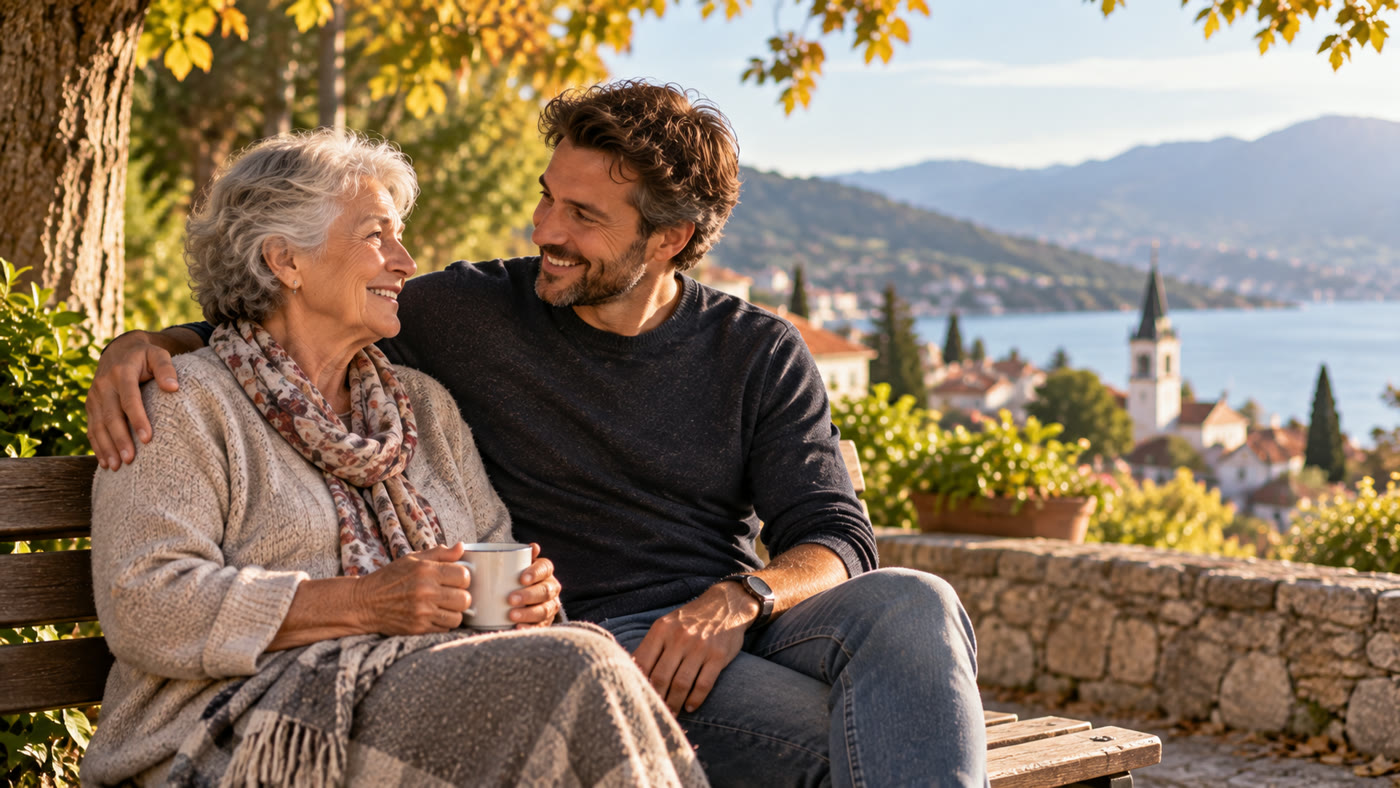 Erwachsenes Kind und Elternteil im Gespräch auf einer Parkbank